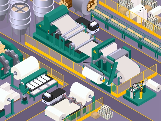 Paper production background with conveyor and manufacture symbols isometric vector illustration