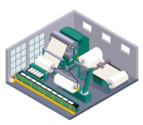 Paper production with conveyor equipment and manufacture symbols isometric  vector illustration