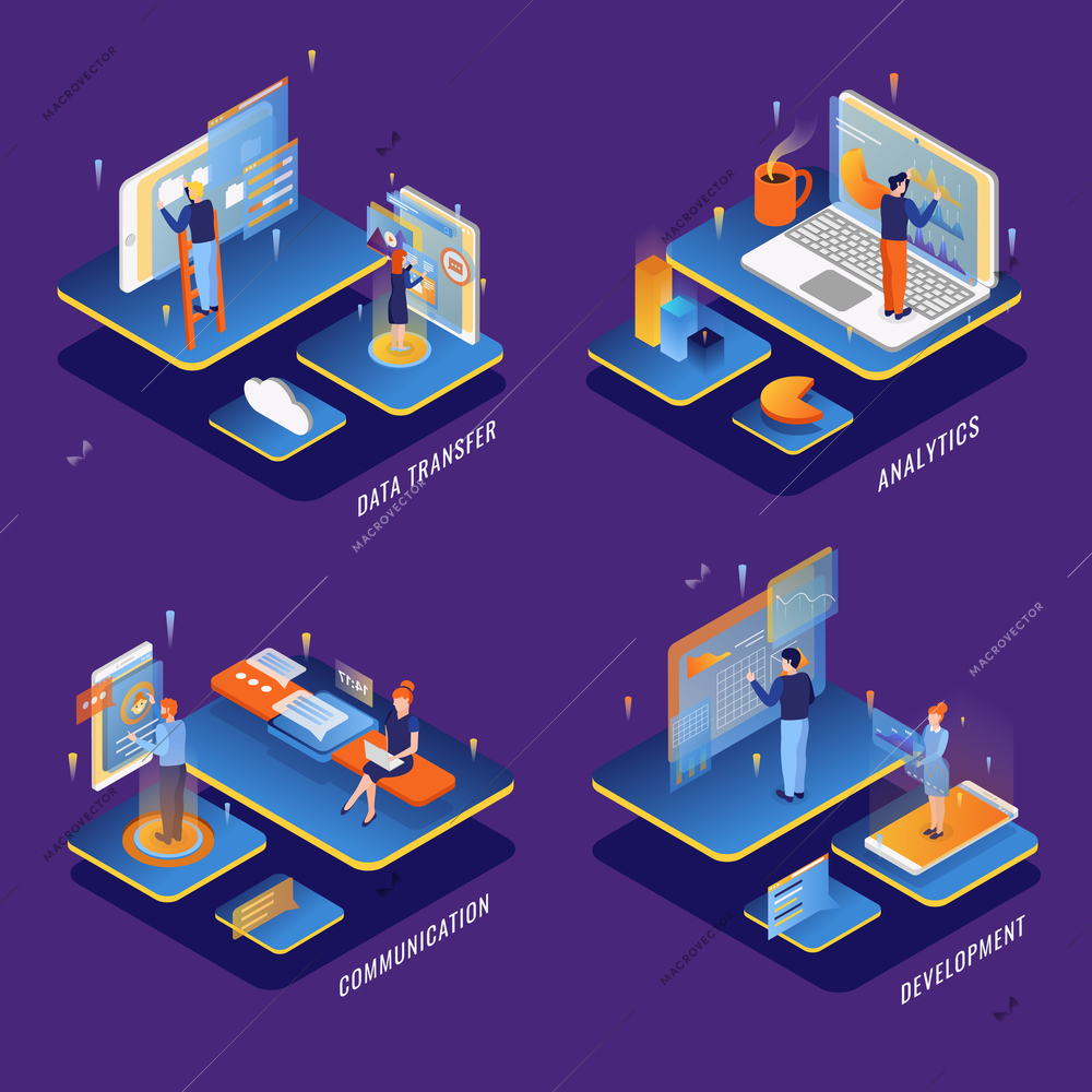 People using computer communication interfaces concept 4 isometric compositions with big data transfer analysis development vector illustration