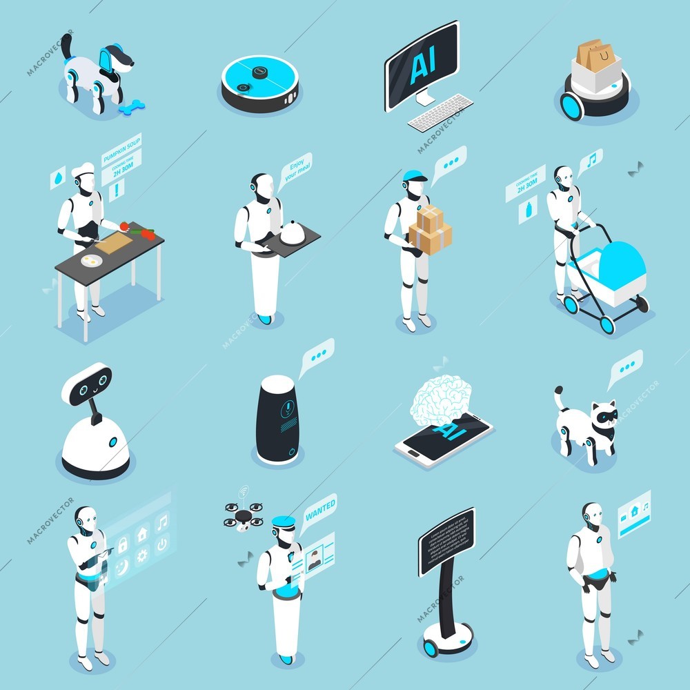 Home robot isometric icons collection with service care animal household digital touch screen controlled assistants vector illustration
