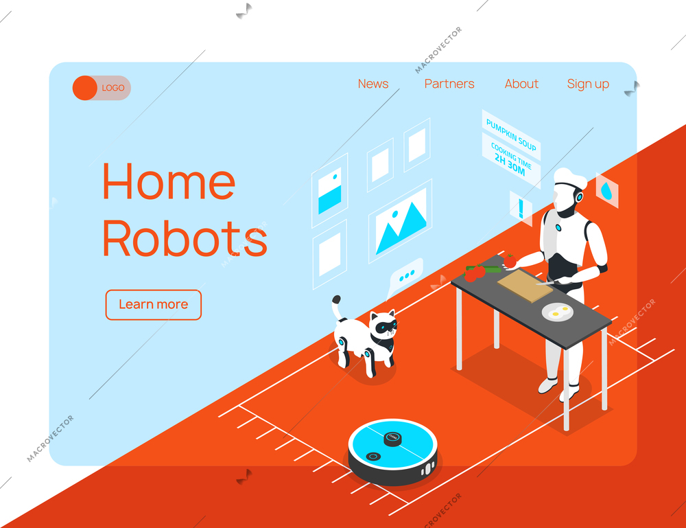 Smart home integrated humanoid household assistant cleaner and animal robots isometric landing page website design vector illustration