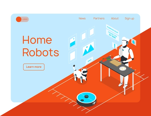 Smart home integrated humanoid household assistant cleaner and animal robots isometric landing page website design vector illustration