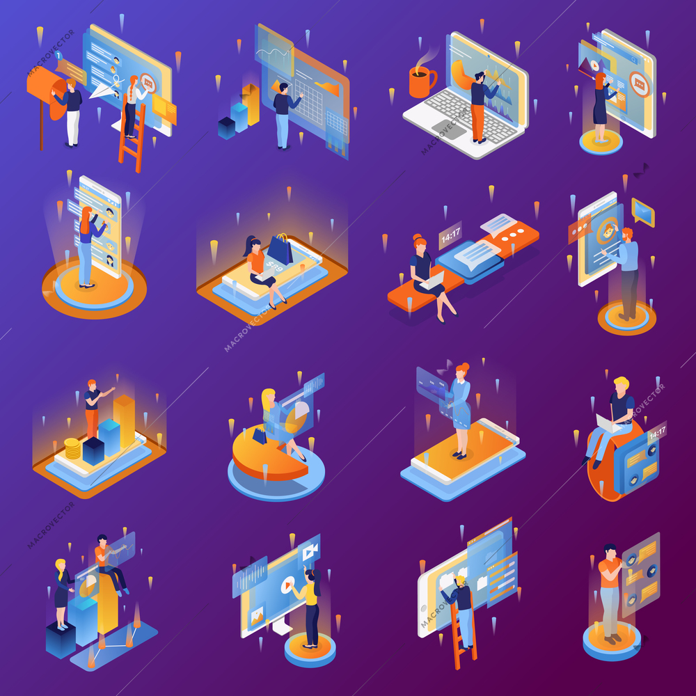 People and interface isometric icons set with smartphone touchscreen 3d data analysis transfer communication isolated vector illustration