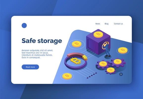 Isometric cryptocurrency banner with bitcoins and person opening safe 3d vector illustration