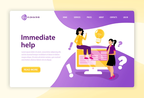 Call centre landing page with immediately help text and read more button flat vector illustration