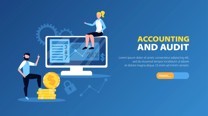 Accounting and audit horizontal banner with male and female characters discussing professional issues vector illustration