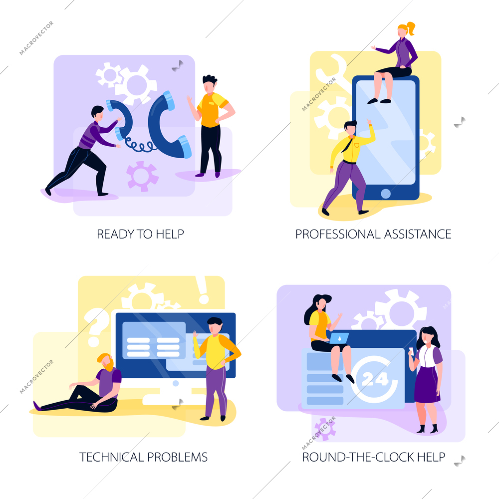 Call centre 2x2 design concept with professional assistants solving problems round the clock flat vector illustration