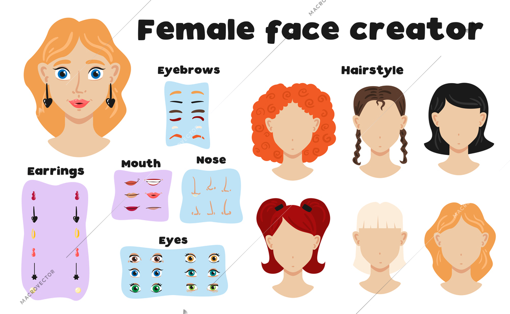 Female face constructor set of eyebrows hairstyle nose mouth eyes elements to create girl face flat vector illustration