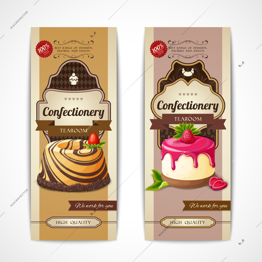 Decorative sweets vertical vintage banners set with berry pudding isolated vector illustration.