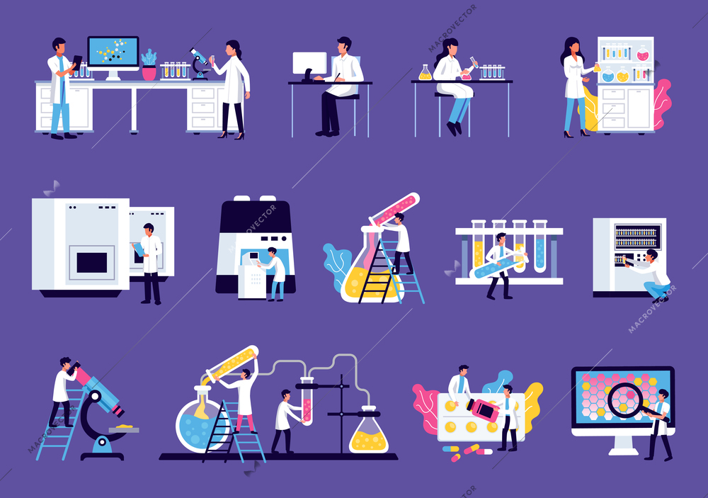 Laboratory set with isolated images of lab equipment furniture with colourful liquids and scientists human characters vector illustration