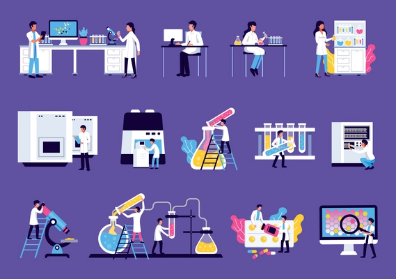 Laboratory set with isolated images of lab equipment furniture with colourful liquids and scientists human characters vector illustration