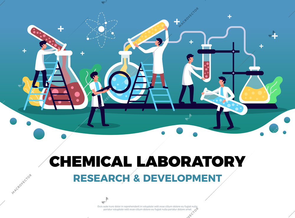 Laboratory background composition with place for editable text and flat symbols human characters and test tubes vector illustration