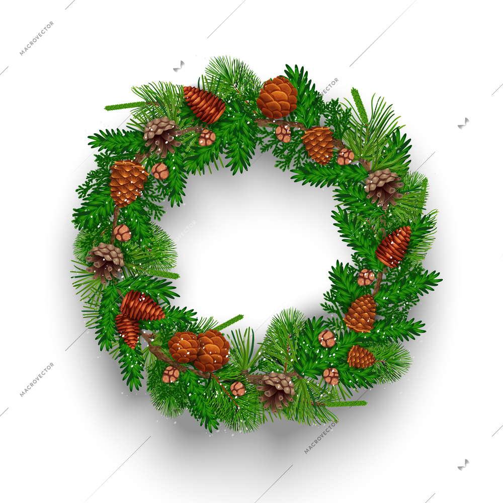 Fir christmas wreath composition with isolated image of circle shaped garland with cones and fresh needle vector illustration