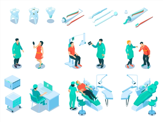 Isometric dental care set with dentist and healthcare symbols isolated vector illustration