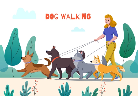 Animal shelter dog walking composition with editable text and outdoor park landscape woman with four dogs vector illustration