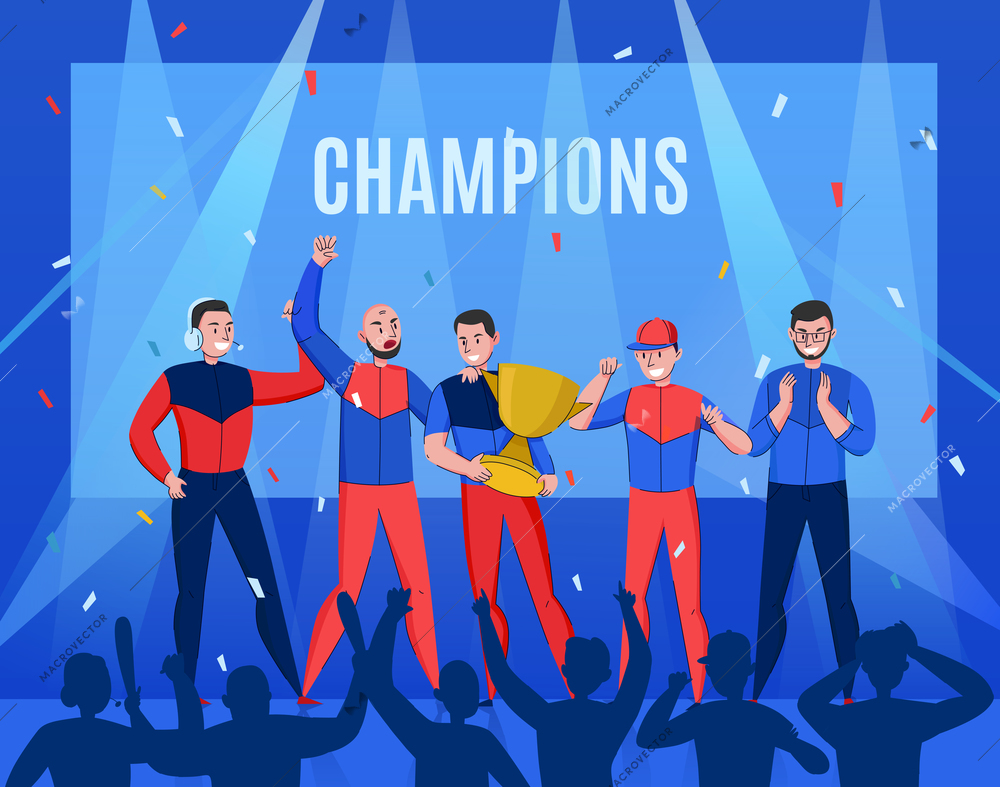 Cyber sport victory composition with text and festive scenery with silhouettes of fans and triumphant team vector illustration