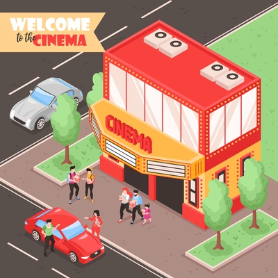 Isometric movie cinema composition with outdoor view of city street with cars people and theater building vector illustration