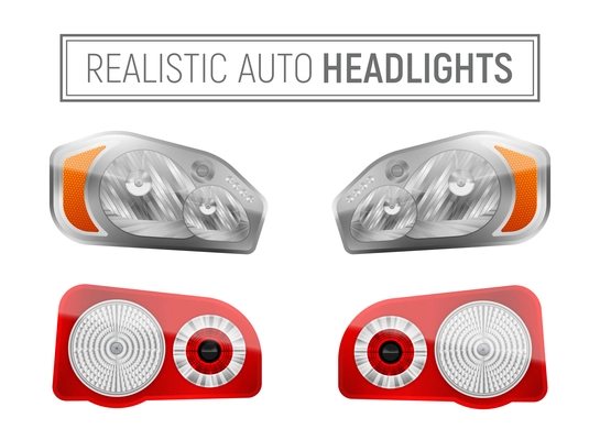 Realistic auto headlamps with red and white lights isolated vector illustration