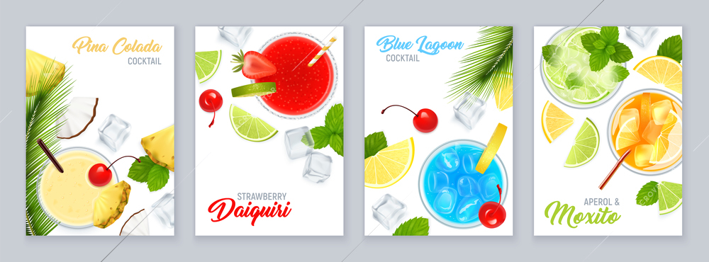 Cocktails top view poster set with tropical fruit realistic isolated vector illustration