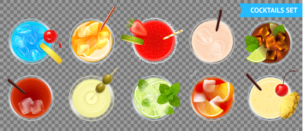 Cocktails top view transparent set with fruit realistic isolated vector illustration