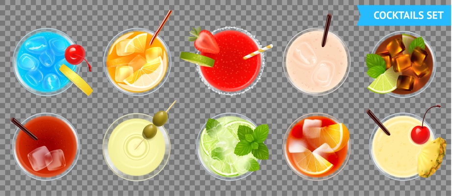 Cocktails top view transparent set with fruit realistic isolated vector illustration