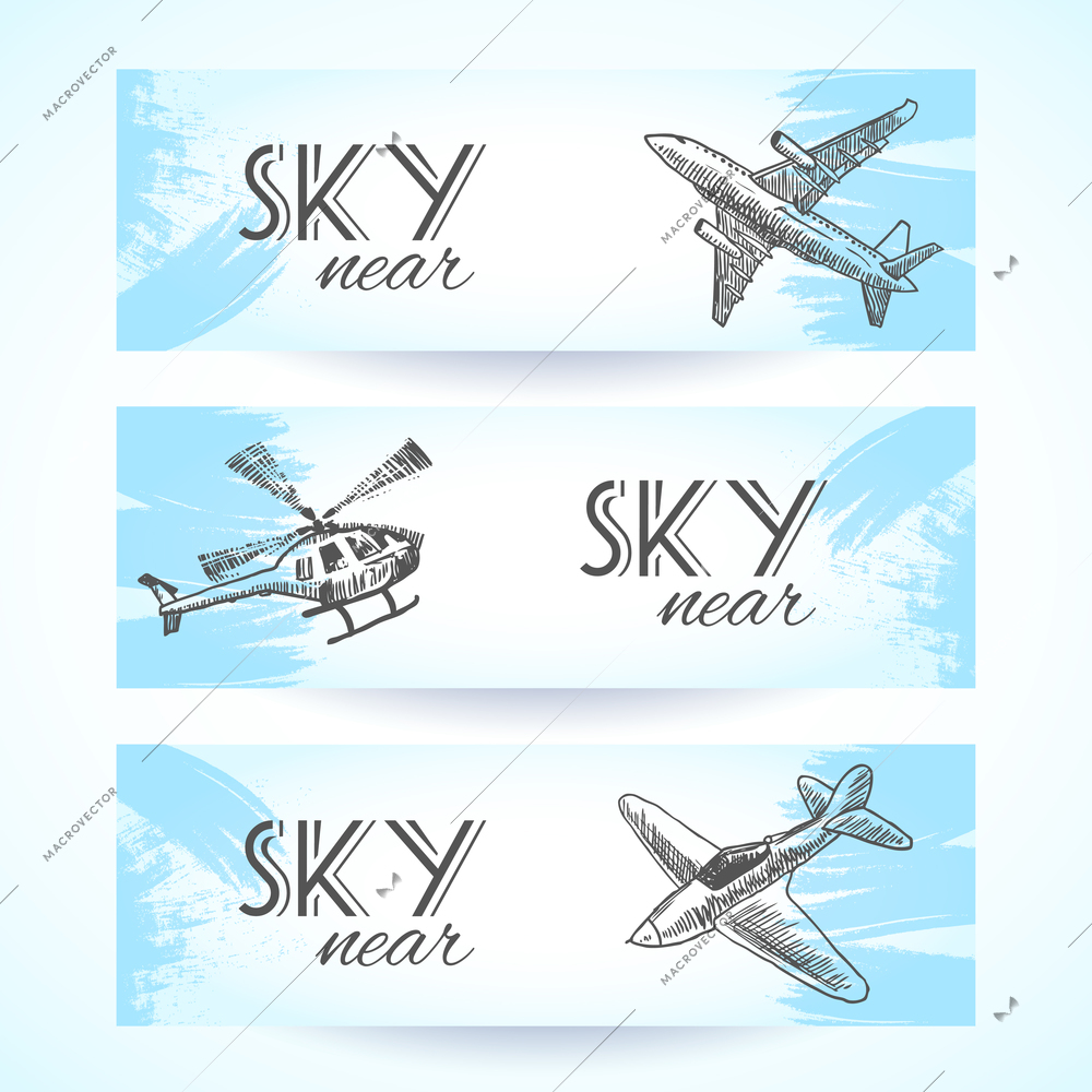 Aircraft military aviation sky vehicles sketch icons banners set isolated vector illustration