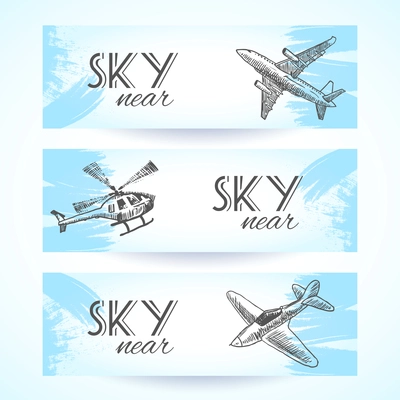 Aircraft military aviation sky vehicles sketch icons banners set isolated vector illustration