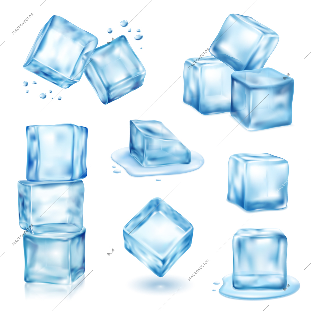 Ice cube solid and melting realistic set isolated vector illustration