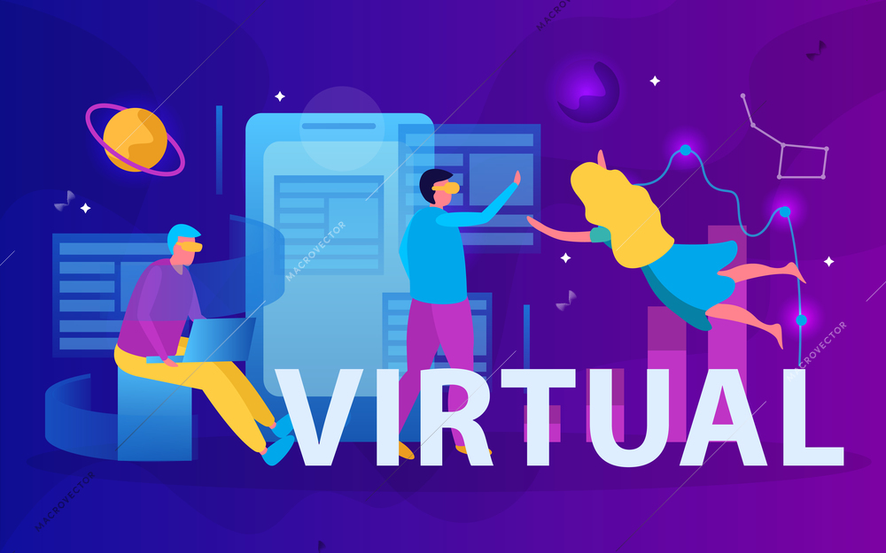 Virtual reality flat composition with virtual headline and three people wearing vr glasses vector illustration