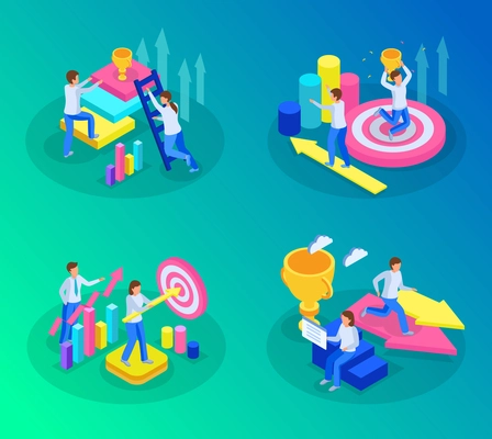Four squares and isometric run to goal icon set people with professional ambition vector illustration