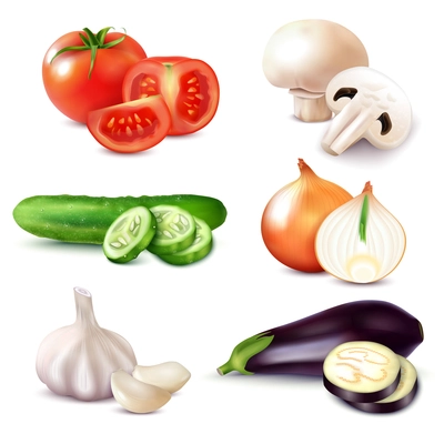 Set of isolated realistic vegetables with slices and pieces of natural mushrooms and ripe raw fruits vector illustration