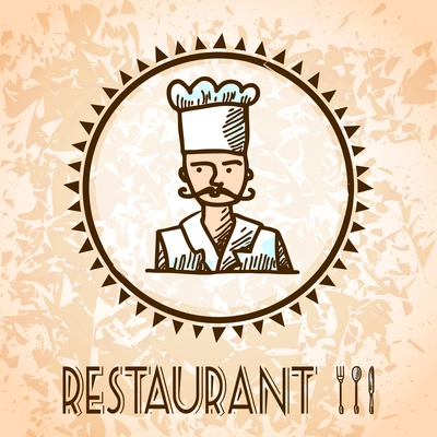 Restaurant cooking sketch poster with chef in hat vector illustration