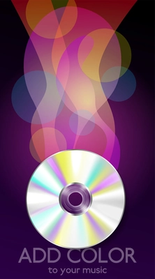 Realistic vintage music composition with image of compact disc and abstract colour shapes with editable text vector illustration