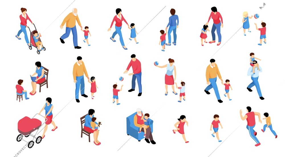 Collection of isolated isometric family baby kids children human characters with various items on blank background vector illustration