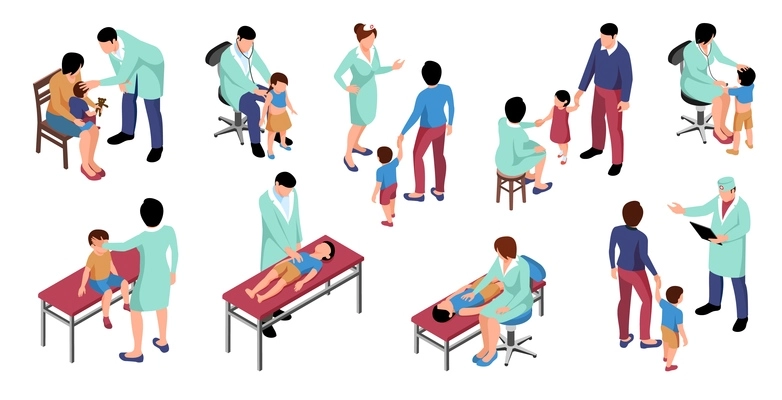 Isometric doctor pediatrician set with isolated images and human characters of children with parents at specialists vector illustration