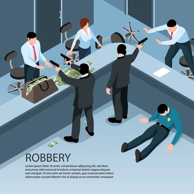 Isometric criminal background with indoor scenery of robbery characters of people with money bags and guns vector illustration