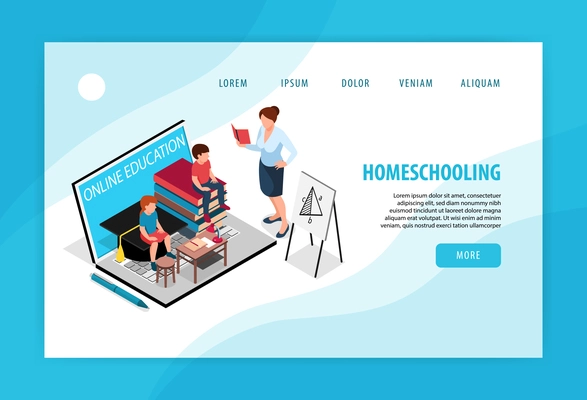 Isometric family homeschooling concept banner website landing page design with images and clickable links with text vector illustration