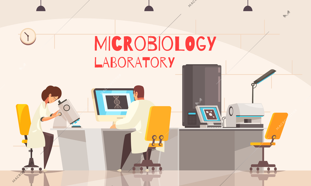 Microbiology laboratory background composition with indoor view of lab room with workspaces of scientists with text vector illustration