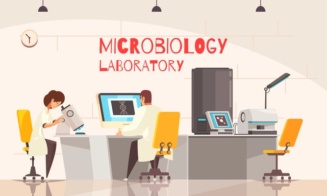 Microbiology laboratory background composition with indoor view of lab room with workspaces of scientists with text vector illustration