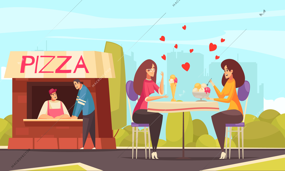 Sex homosexual lesbian composition with outdoor concession stand and two female characters having date with hearts vector illustration