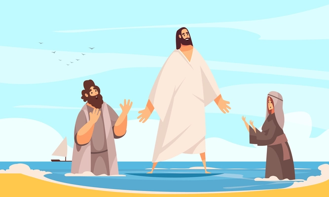 Bible narratives jesus water composition with doodle character of christ walking on water with praying people vector illustration