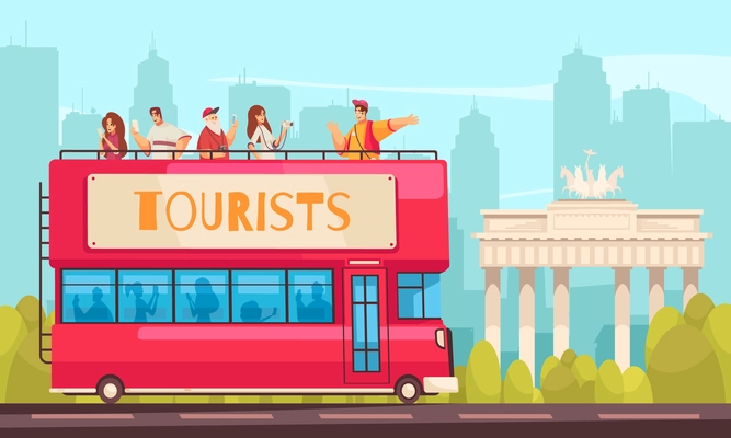 Guide excursion tourist composition with sightseeing bus and people in outdoor city scenery with cityscape background vector illustration
