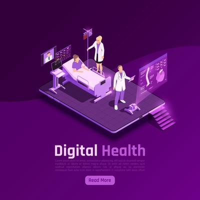 Telemedicine digital health glow isometric background composition with futuristic images of hospital ward and holographic screens vector illustration