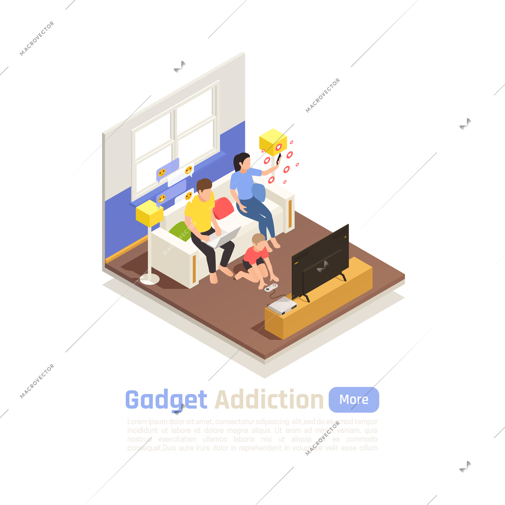 Social network addiction isometric background with domestic environment and family characters unable to put down gadgets vector illustration