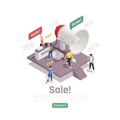 Customer loyalty retention isometric background with small people characters percentage values thought bubbles and clickable button vector illustration