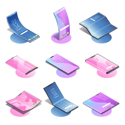 Foldable gadgets concepts isometric set of nine isolated images with various models of next generation smartphones vector illustration