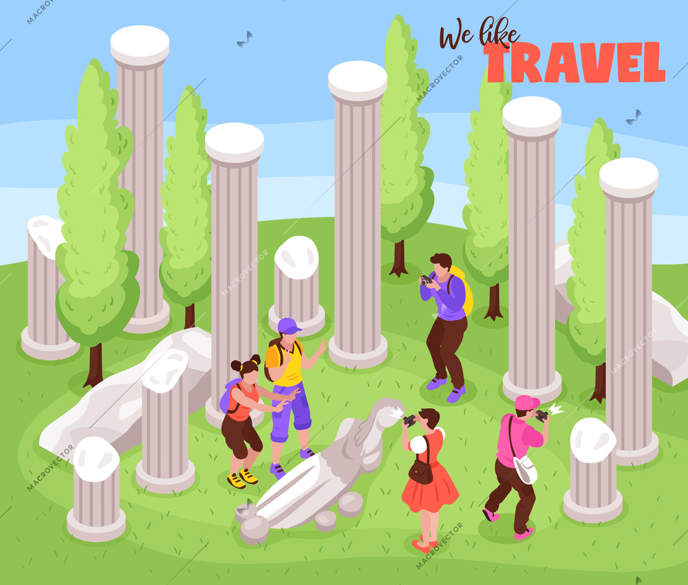 Travel journey vacation trip isometric composition with tourists among antique landmark sculptures pillars making photos vector illustration