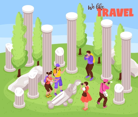 Travel journey vacation trip isometric composition with tourists among antique landmark sculptures pillars making photos vector illustration