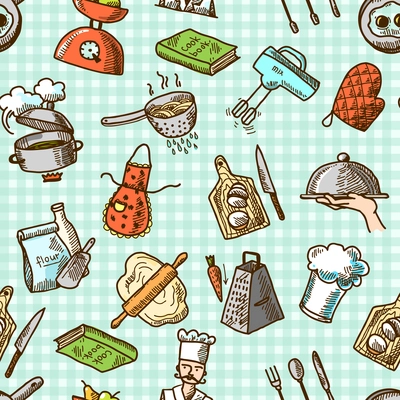 Cooking process delicious food sketch icons on squared background seamless pattern vector illustration