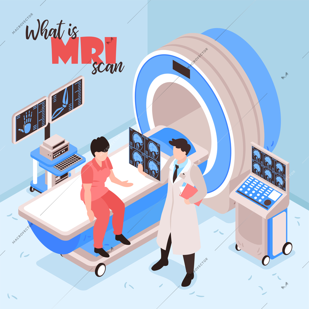 Magnetic resonance imaging isometric composition with doctor explaining patient brain mri scan results after procedure vector illustration